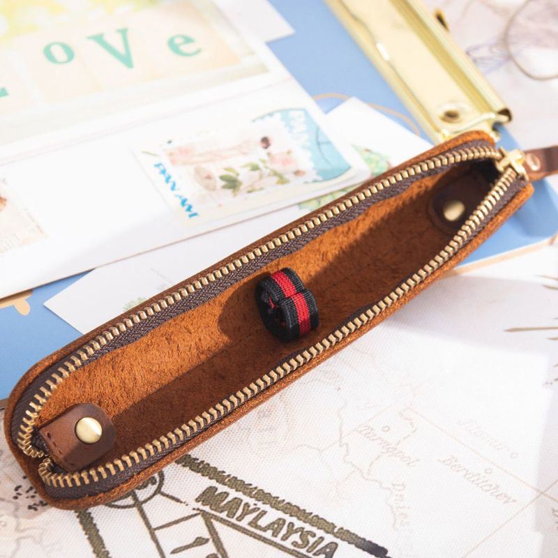 Handmade Cowhide Leather Pen Pouch Roll-up Pencil Case Bag Stationery  Storage