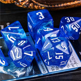 7pcs RPG Full Dice Set - Glitter in White & Blue Acrylic