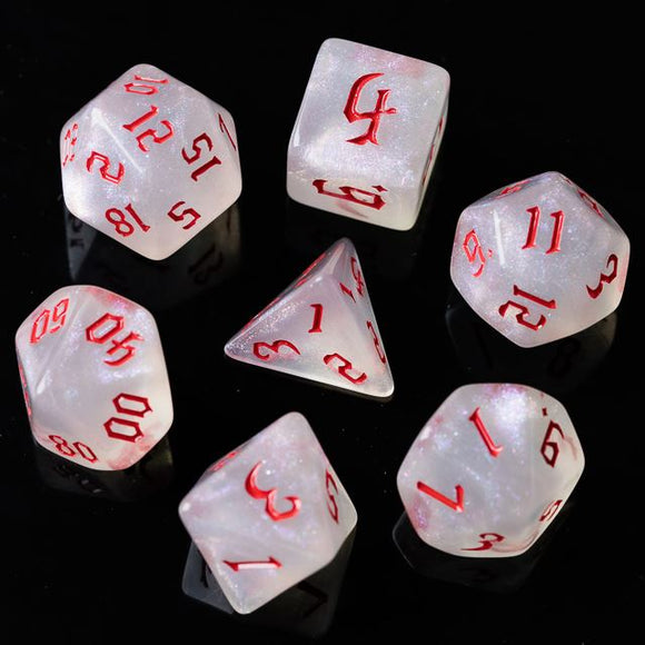 7pcs RPG Full Dice Set - Glitter in White Acrylic with Ref Font