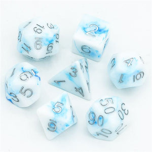 7pcs RPG Full Dice Set - Blue Swirl in White Resin