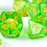 7pcs RPG Full Dice Set - Gold Foil in Clear Green Resin