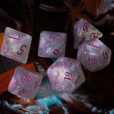7pcs RPG Full Dice Set - Glitter in White Acrylic with Pink Font