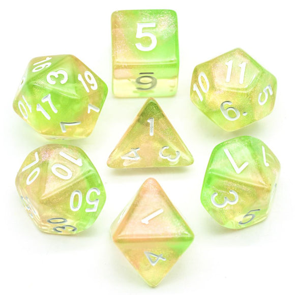 7pcs RPG Full Dice Set - Glitter in Pink & Yellow in Clear Acrylic