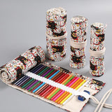12/24/36/48/72 Holes Roll Canvas Pencil Case Wrap - Lucky Cat