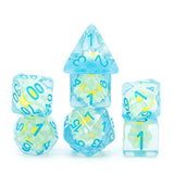 7pcs RPG Full Dice Set - White Flowers in Clear Blue Resin