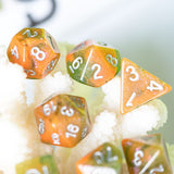7pcs RPG Full Dice Set - Glitter in Orange & Green Resin