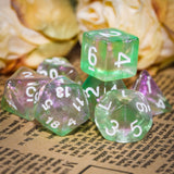 7pcs RPG Full Dice Set - Glitter in Pink & Green in Clear Acrylic