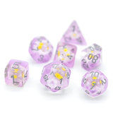 7pcs RPG Full Dice Set - White Flowers in Clear Purple Resin