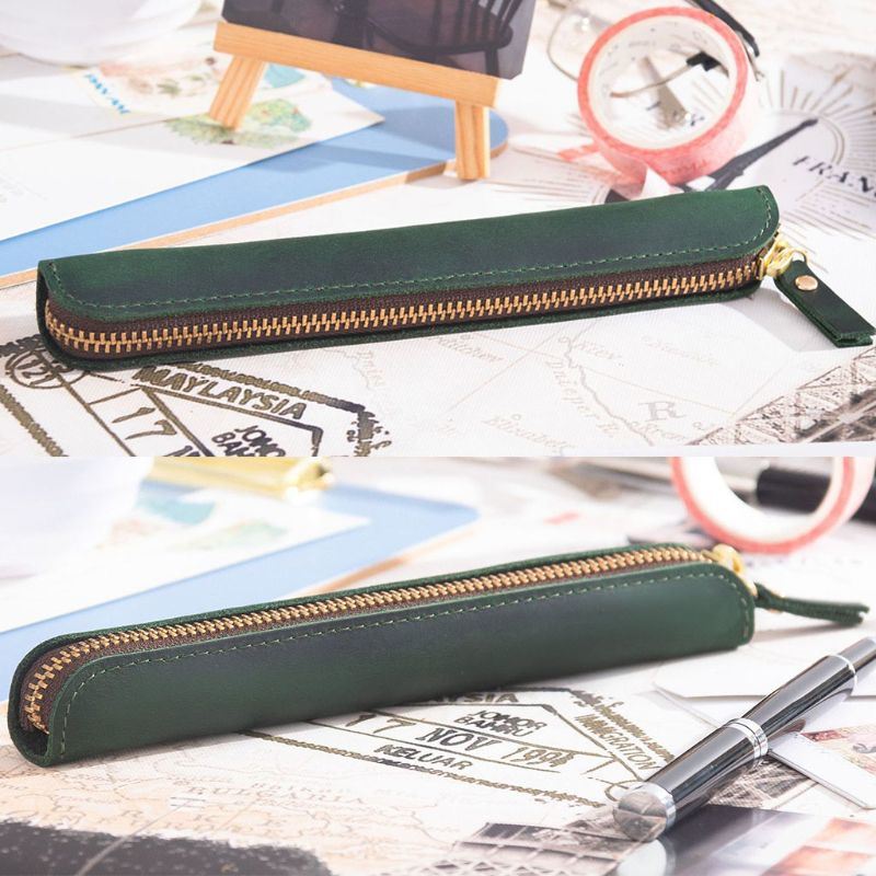 Genuine Leather Zipper Pen Bag Mini Small Pencil Case Apple Electronic  Writing Pen Protective Sheath Creative Vintage Style