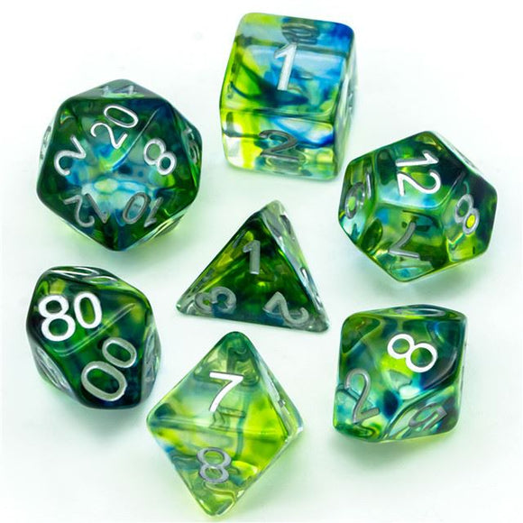 7pcs RPG Full Dice Set - Green & Black with Blue Swirl in Clear Resin