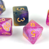 7pcs RPG Full Dice Set - Glitter in Purple, Blue & Yellow Acrylic