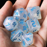 7pcs RPG Full Dice Set - Glitter in White Acrylic with Blue Font