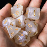 7pcs RPG Full Dice Set - Glitter in White Acrylic with Gold Font
