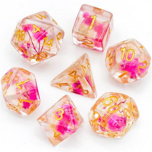 7pcs RPG Full Dice Set - Pink Flowers in Clear Resin