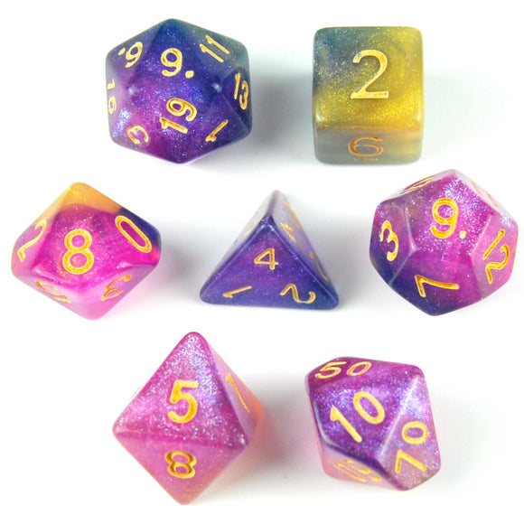 7pcs RPG Full Dice Set - Glitter in Purple, Blue & Yellow Acrylic
