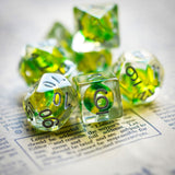 7pcs RPG Full Dice Set - Yellow & Green Bead in Clear Resin