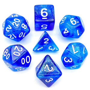 7pcs RPG Full Dice Set - Glitter in Blue Acrylic