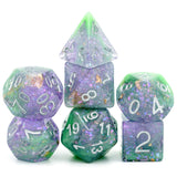 7pcs RPG Full Dice Set - Glitter in Purple & Green Resin