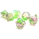 7pcs RPG Full Dice Set - Glitter in Pink & Green in Clear Acrylic
