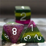 7pcs RPG Full Dice Set - Glitter Purple, Yellow & Green Resin