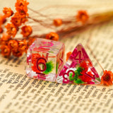 7pcs RPG Full Dice Set - Red & Green Flowers in Clear Resin