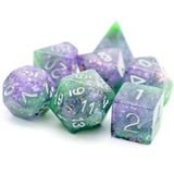 7pcs RPG Full Dice Set - Glitter in Purple & Green Resin
