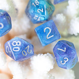 7pcs RPG Full Dice Set - Glitter in Blue & Purple with White Resin