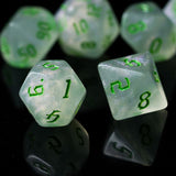 7pcs RPG Full Dice Set - Glitter in White Acrylic with Green Font