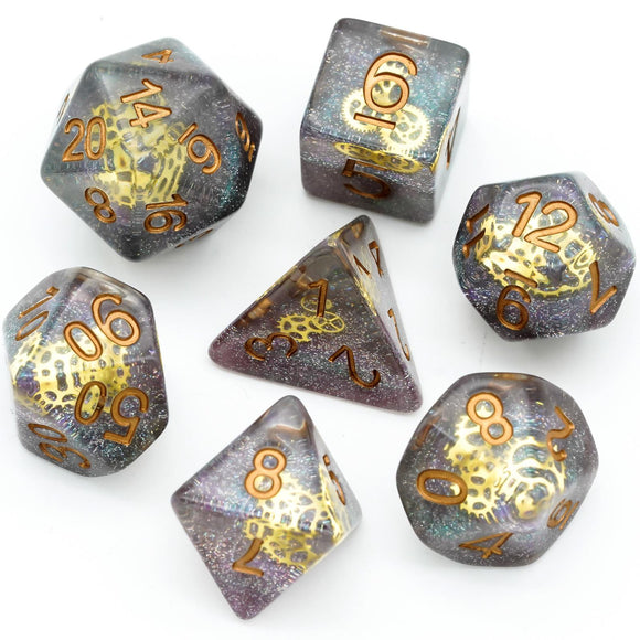 7pcs Dice Resin Filled Glitter Gray Cog Clear