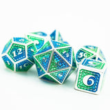 7pcs RPG Dice Set - Blue & Green in Silver Metal