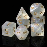 7pcs RPG Full Dice Set - Glitter in White Acrylic with Gold Font