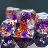 7pcs RPG Full Dice Set - Purple Flowers in Clear Resin