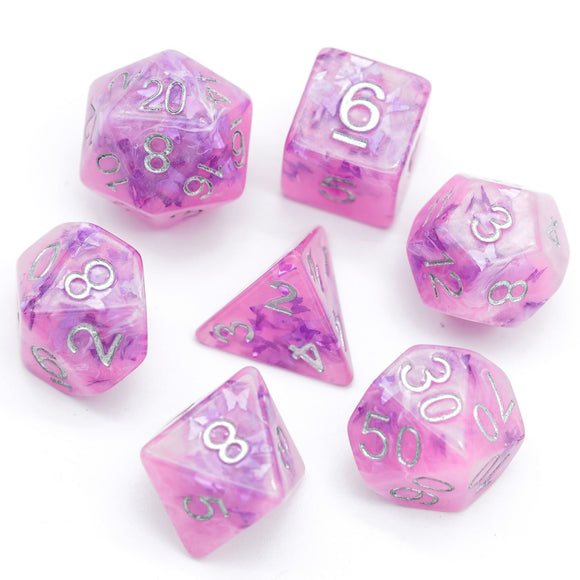 7pcs RPG Full Dice Set - Butterfly in Pink Resin
