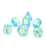 7pcs RPG Full Dice Set - White Flowers in Clear Blue Resin
