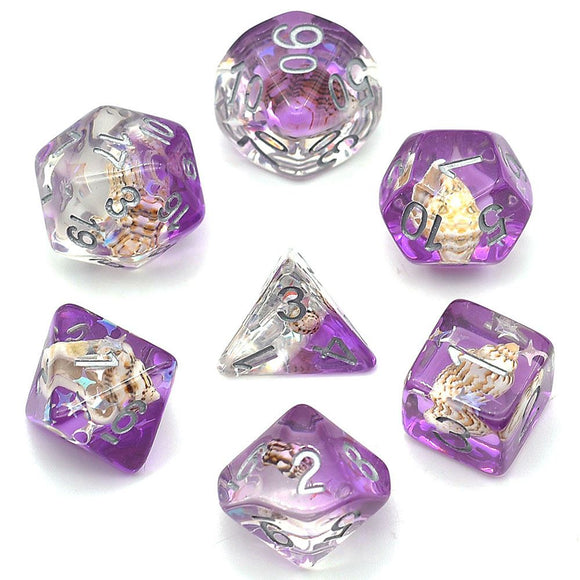 7pcs RPG Full Dice Set - Shell in Clear Purple Resin