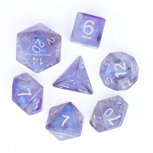 7pcs RPG Full Dice Set - Glitter in Purple & White Resin