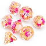 7pcs RPG Full Dice Set - Pink Flowers in Clear Resin