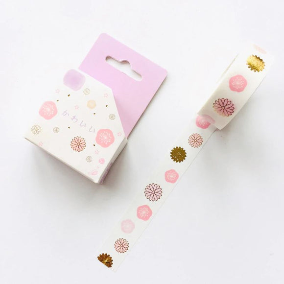 15mm/5m Paper Washi Tape Gold Foil Pink Flowers