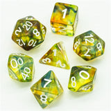 7pcs RPG Full Dice Set - Yellow & Black with Blue Swirl in Clear Resin
