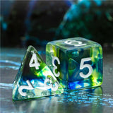 7pcs RPG Full Dice Set - Green & Black with Blue Swirl in Clear Resin