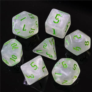 7pcs RPG Full Dice Set - Glitter in White Acrylic with Green Font