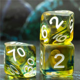 7pcs RPG Full Dice Set - Yellow & Black with Blue Swirl in Clear Resin