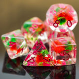 7pcs RPG Full Dice Set - Red & Green Flowers in Clear Resin