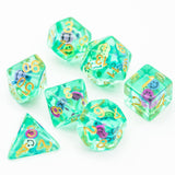 7pcs RPG Full Dice Set - Smiley Face in Clear Green Resin