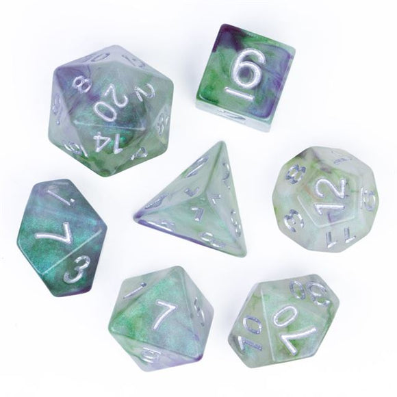 7pcs RPG Full Dice Set - Glitter in White & Purple with Green Resin