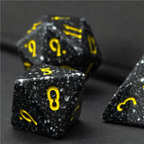 7pcs RPG Full Dice Set - Solid Black Spotted Resin with Yellow Font