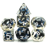 7pcs RPG Full Dice Set - Black & Blue Pearls in Clear Resin