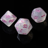 7pcs RPG Full Dice Set - Glitter in White Acrylic with Pink Font