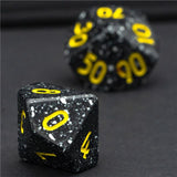 7pcs RPG Full Dice Set - Solid Black Spotted Resin with Yellow Font