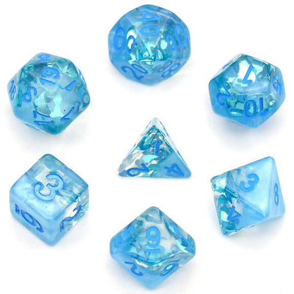 7pcs RPG Full Dice Set - Water Drops in Clear Blue Resin